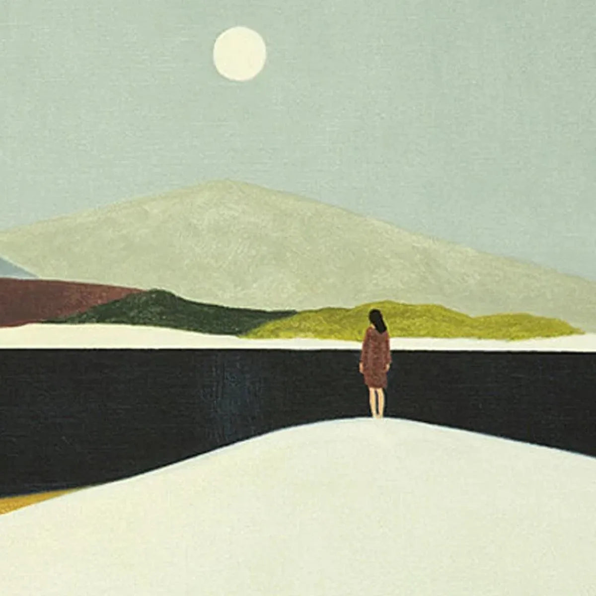 SOLITARY FIGURE IN MINIMALIST LANDSCAPE: Serene Landscape Painting, Horizontal Wall Art