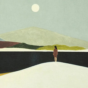 Isabella Rossi: Solitary figure in minimalist landscape painting, horizontal wall art, soft color palette.