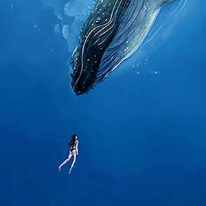 Ethan Walker's Whale Encounter vertical art. Majestic whale and diver in deep blue ocean, nature-inspired wall art.