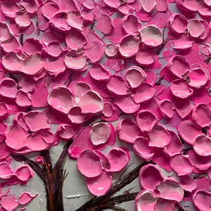 Elodie Dubois' Pink Blossom Abundance: Textured impasto painting of a cherry blossom tree with pink petals, wall art.