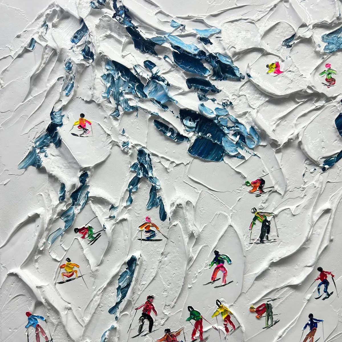 ALPINE SKI DAY: Textured Ski Scene Painting, Vertical Wall Art