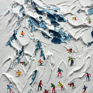 Alpine Ski Day painting by Chak Yu Lam. Textured ski scene with colorful skiers on a snowy mountain slope, vertical wall art.