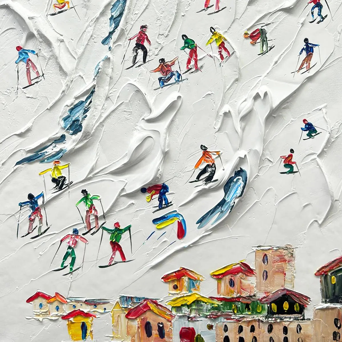 ALPINE SKI DAY: Textured Ski Scene Painting, Vertical Wall Art