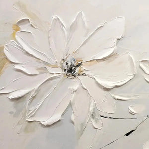 White Blossom Serenity by Elodie Dubois, close-up of textured white floral art, modern wall decor, bedroom aesthetic.