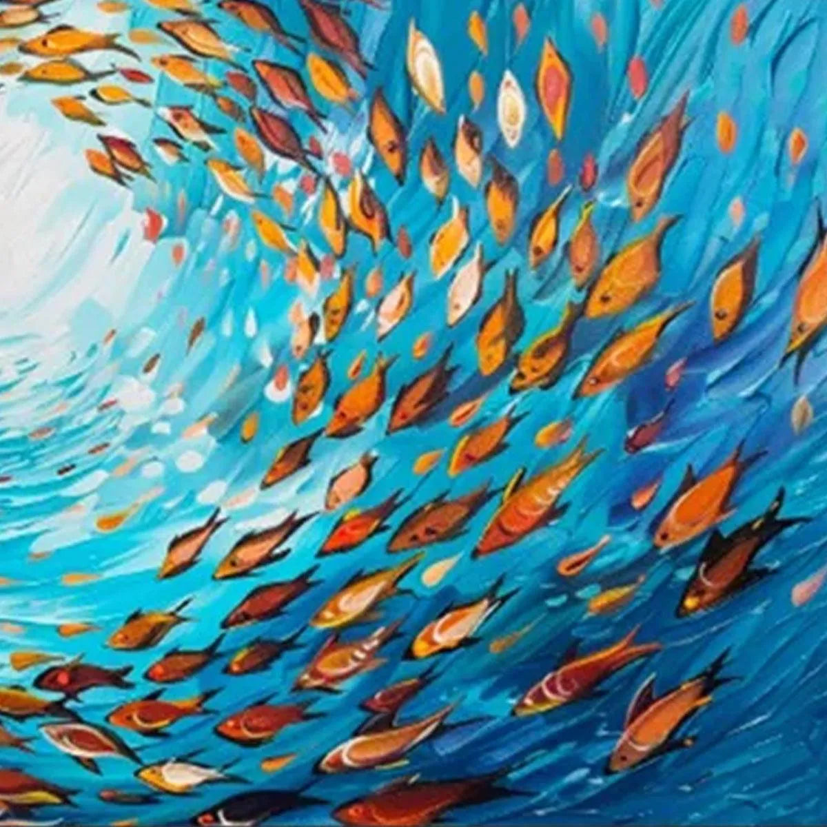 OCEANIC WHIRL: Dynamic School of Fish Painting, Horizontal Wall Art