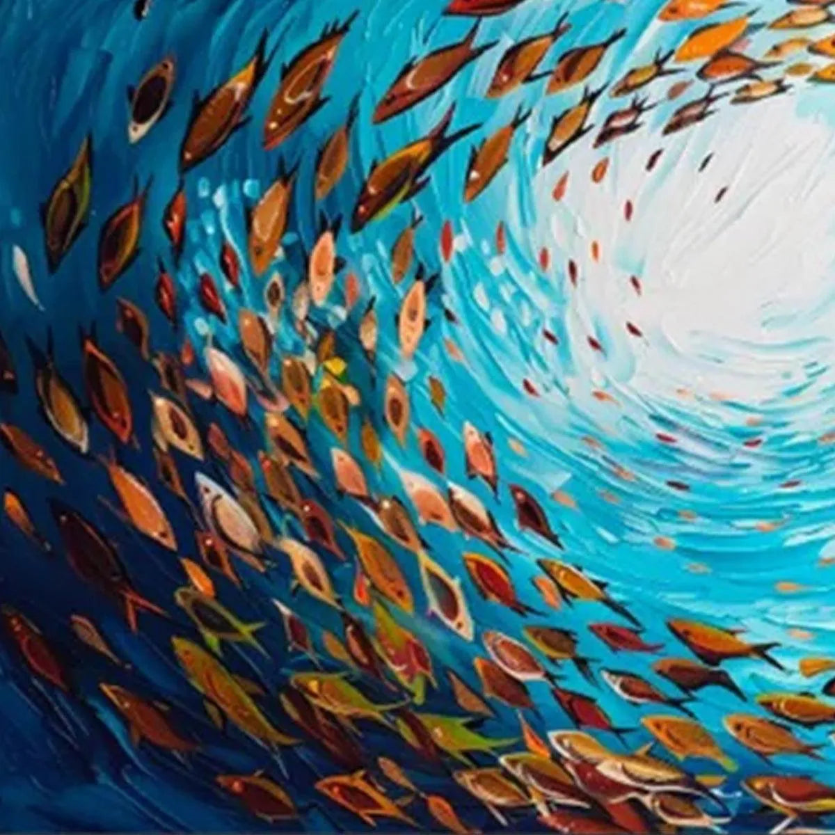 OCEANIC WHIRL: Dynamic School of Fish Painting, Horizontal Wall Art